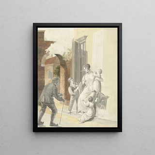 Pieter Bartholomeusz Barbiers - Bedelaar ontvangt een aalmoes van een dame.webp