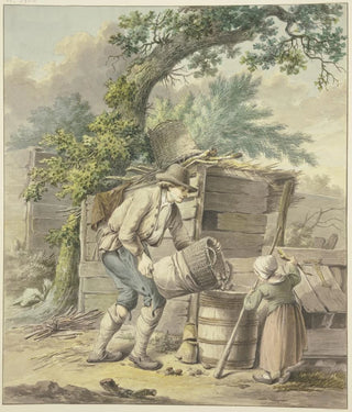 Pieter Bartholomeusz Barbiers - Ein Bauer schttet Kartoffeln in ein Fa dabei hilft ein Kind.webp