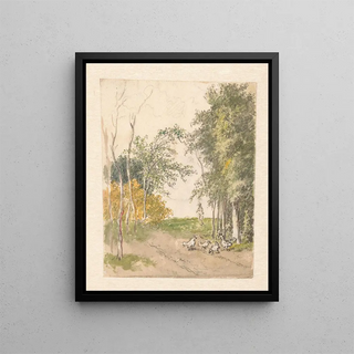 Pieter Bartholomeusz Barbiers - Landschap met kippen langs de weg.webp