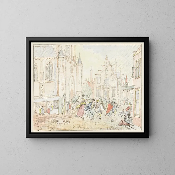 plein with people in the rain - Pieter Bartholomeusz Barbiers — framed artwork on a wall