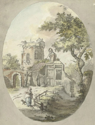 Pieter Bartholomeusz Barbiers - Vrouw met hond voor bouwval aan een toren.webp