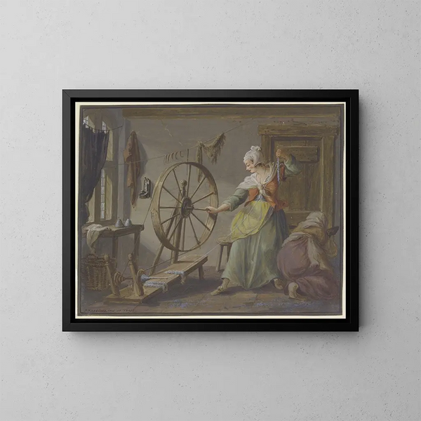 Two women busy with spools of thread and flax flails - Pieter Bartholomeusz Barbiers — framed artwork on a wall