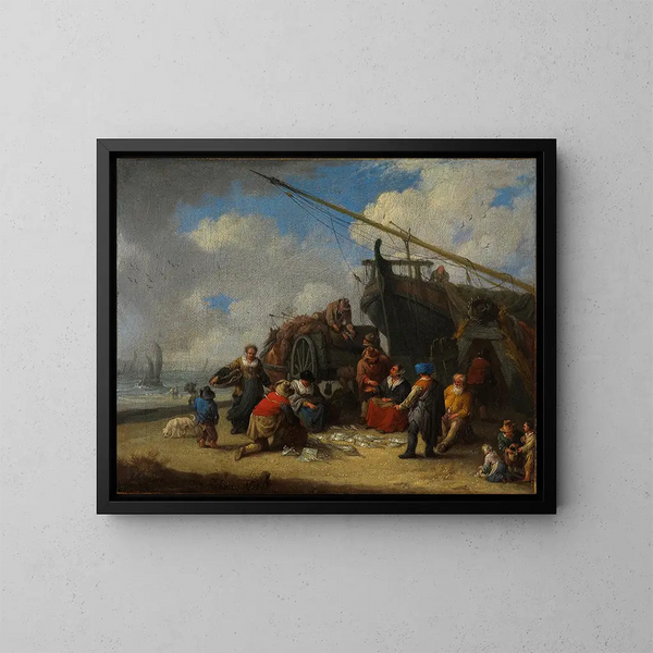 Mercado de pescado en la playa - Pieter Bout — cuadro enmarcado en la pared