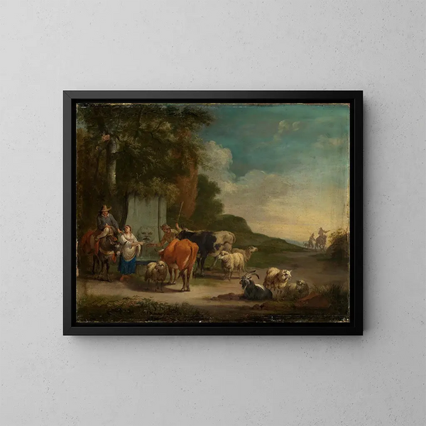 Paisaje con pastores y un rebaño cerca de un pozo - Pieter Bout — cuadro enmarcado en la pared