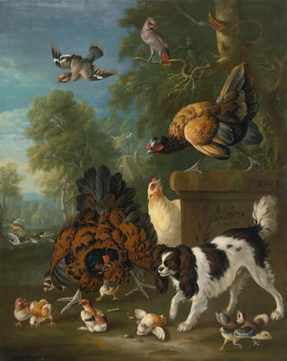 Pieter Casteels III - A Family Of Chickens Fending Off A Spaniel In A Landscape.webp
