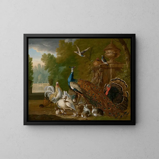 a peacock, a turkey, a rooster, a hen, pigeons, other birds, and rabbits in a park landscape - Pieter Casteels III — framed artwork on a wall