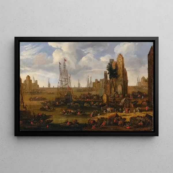 Pieter Casteels II - A Capriccio View Of A Busy Harbour Scene With Figures Loading Their Boats.webp