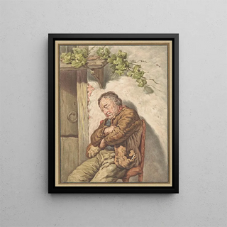 Pieter Christoffel Wonder - Lou de knecht van de bakker voor het huis ingeslapen in het zonlicht.webp