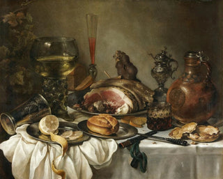 Nature morte with a roemer, a terracotta jug, an overturned silver goblet, a ham, and other objects arranged on a tablecloth - Pieter Claesz — artwork view