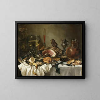 Nature morte with a roemer, a terracotta jug, an overturned silver goblet, a ham, and other objects arranged on a tablecloth - Pieter Claesz — framed artwork on a wall