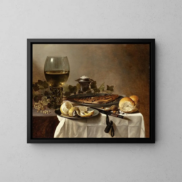 Still life with herring, wine and bread - Pieter Claesz — framed artwork on a wall