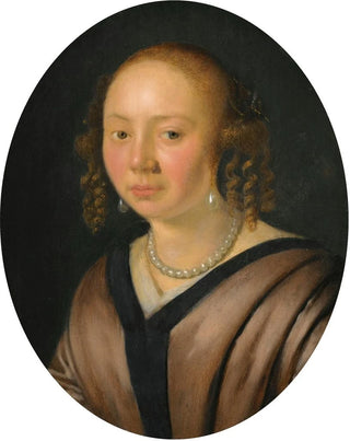Pieter Cornelisz van Slingelandt - Portrait Of A Lady Head And Shoulders Wearing Pearl Earrings And A Necklace.webp