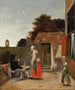 a man smoking and a woman drinking in a courtyard - Pieter de Hooch — artwork view