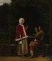 a woman and two men in a pergola - Pieter de Hooch — artwork view