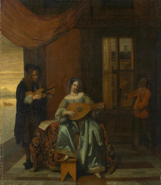 Pieter De Hooch - An interior scene with a woman playing a lute and a man playing a violin.webp
