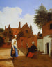 Delft Couryard in the Evening, a Woman Spinning - Pieter de Hooch — artwork view