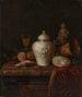 a finely chiseled silver ginger jar, a pocket watch, a nautilus shell, a vermeil goblet, a kingfisher fruit, and other objects on a partially draped marble ledge - Pieter Gerritsz van Roestraeten — artwork view