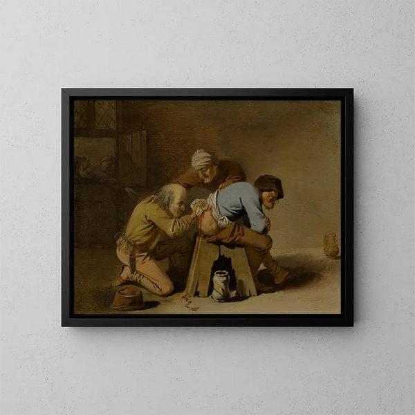 a charlatan at work in a barn - Pieter Jansz Quast — framed artwork on a wall