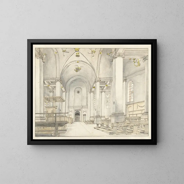 View of the nave of the Nieuwe Kerk in Haarlem looking west - Pieter Jansz Saenredam — framed artwork on a wall
