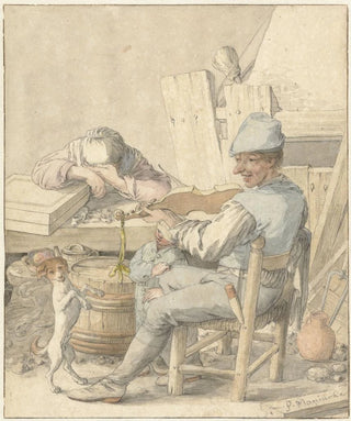Pieter Moninckx - Interieur met vioolspelende man slapende vrouw en dansende hond.webp