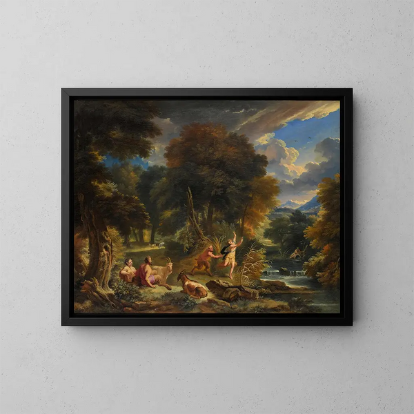 Pan y Syrinx en un paisaje fluvial - Pieter Mulier el Viejo — cuadro enmarcado en la pared