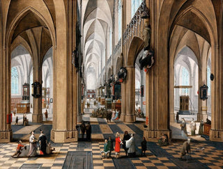 Pieter Neeffs the Elder - A church interior with elegant figures strolling and figures attending mass.webp