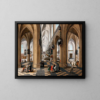 Pieter Neeffs the Elder - A church interior with elegant figures strolling and figures attending mass.webp