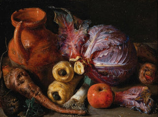 Pieter Snyers - A jug a cabbage and carrots on a ledge.webp