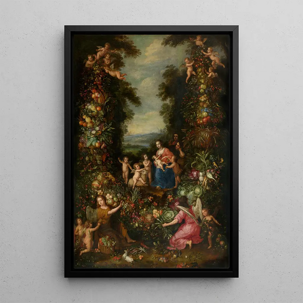 La Santa Familia con el pequeño San Juan Bautista rodeado de una guirnalda de flores, verduras y frutas - Pieter van Avont — cuadro enmarcado en la pared