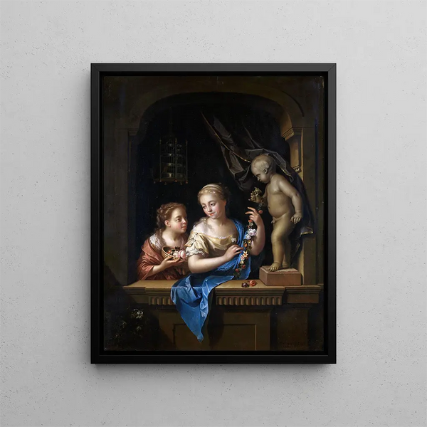 Pieter Van Der Werff - Two Girls with Flowers by a Statue of Cupid.webp