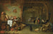 interior de granero con un bodegón de pescado en un plato, un col, macetas de barro y cobre y otros utensilios de cocina - Pieter de Bloot — vista de la obra