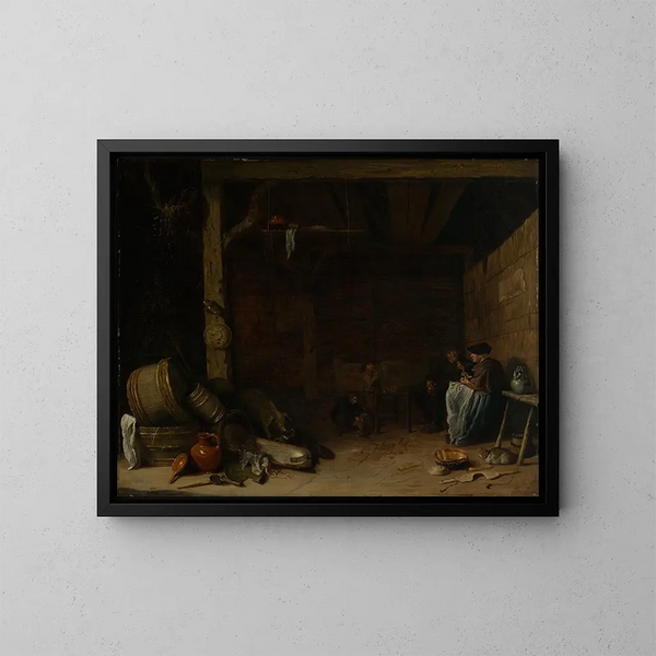 Interior de una granja con una familia de campesinos - Pieter de Bloot — cuadro enmarcado en la pared