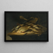 Still life with fishing nets, fishing gear, and a knife on a table - Pieter de Putter — framed artwork on a wall