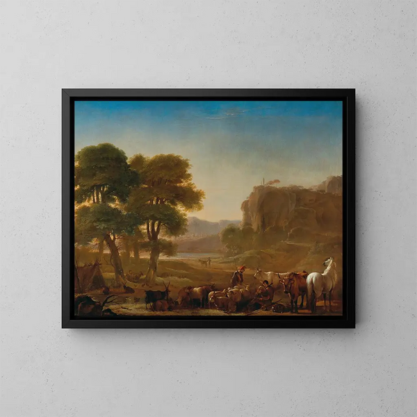 Una vista del campo romano con pastores descansando con su ganado - Pieter van Laer — cuadro enmarcado en la pared