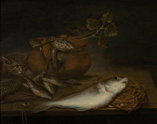 Pieter van Schaeyenborgh - Stilleven met vissen vogels en een kat.webp