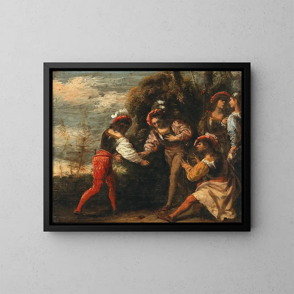 Guerreros jugando a la morra - Pietro della Vecchia — cuadro enmarcado en la pared