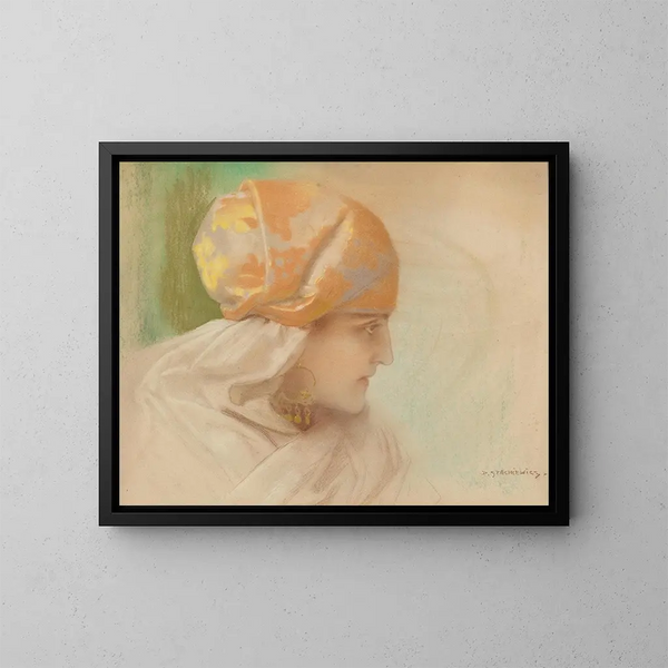 retrato de una mujer con pendientes de aro - Piotr Stachiewicz — cuadro enmarcado en la pared