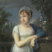 retrato de una mujer cerca de una balaustrada - Jean-Baptiste-Jacques Augustin — presentado en un interior