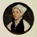 retrato de una joven con un tocado blanco - Hans Holbein el Joven — presentado en un interior
