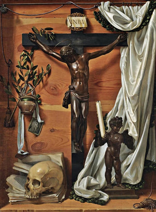 Prospero Mallerini - A Trompe Loeil Vanitas Still Life With A Bronze Crucifix.webp
