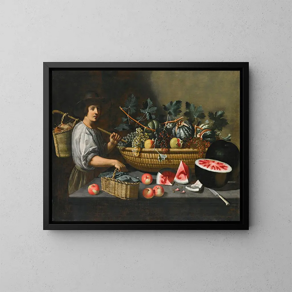 Naturaleza muerta de uvas, melones y granadas sobre un alféizar de piedra con una figura que lleva una cesta a la izquierda - Pseudo Pietro Paolo Bonzi — cuadro enmarcado en la pared