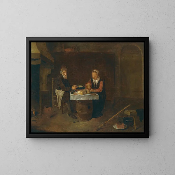 Un interior modesto con una pareja mayor sentada en una mesa comiendo mejillones y pan - Quirijn van Brekelenkam — cuadro enmarcado en la pared