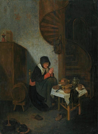 Quirijn Van Brekelenkam - An old woman in an interior saying grace before a meal.webp
