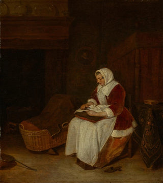 Quirijn Van Brekelenkam - Seated woman with velvet jacket sewing.webp