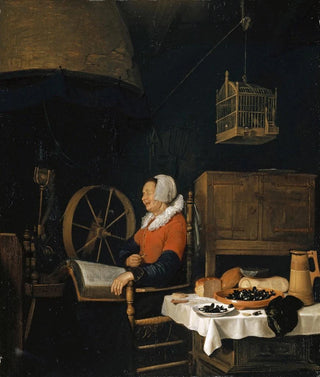 Quirijn Van Brekelenkam - Woman next to a Spinning Wheel Asleep over her Reading.webp