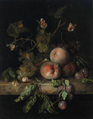 Rachel Ruysch - Peaches grapes and plums with a dragonfly snail caterpillar butterfly and other insects on a stone ledge.webp