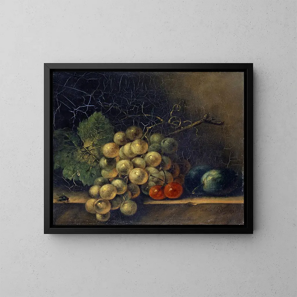 Still life with grapes, stone fruits, and a fly - Rachel Ruysch — framed artwork on a wall