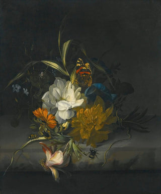 Rachel Ruysch - Still Life With Marigolds Morning Glory A Passion Flower And Other Assorted Flowers Together With Insects On A Stone Ledge.webp