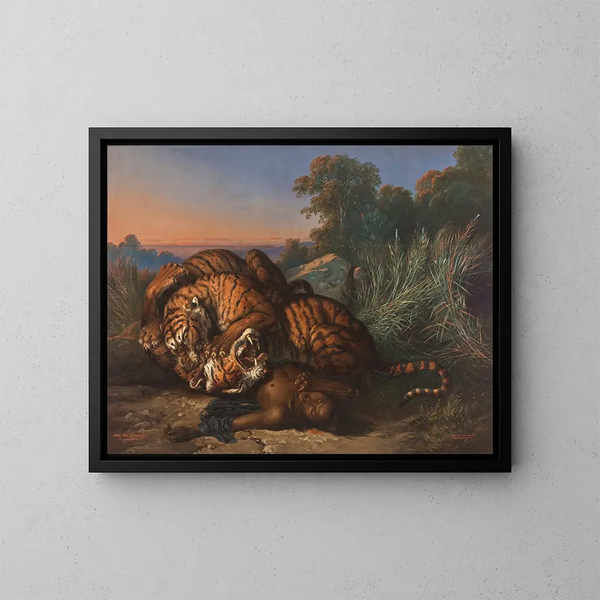 Tigres en lucha - Raden Saleh — cuadro enmarcado en la pared