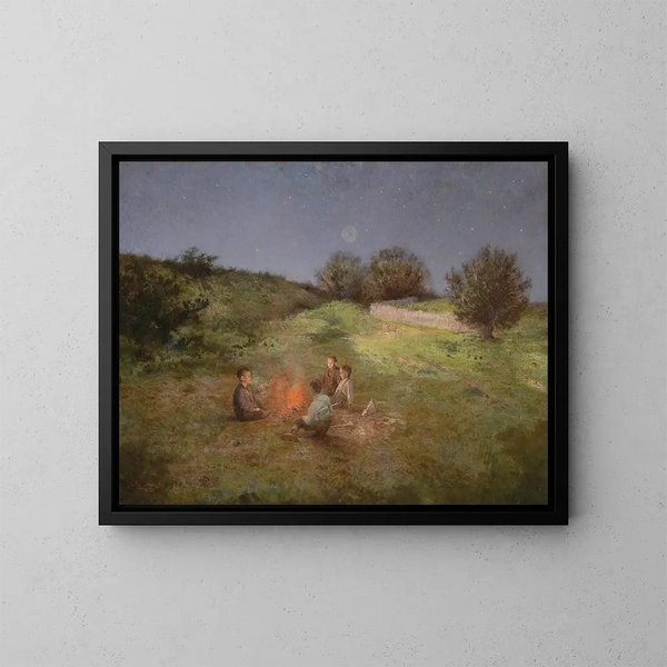 Children around the campfire - Raimund Ritter von Wichera — framed artwork on a wall
